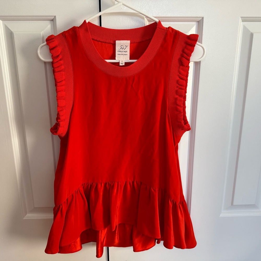 cinq a sept Red Ruffle Sleeveless Peplum Top